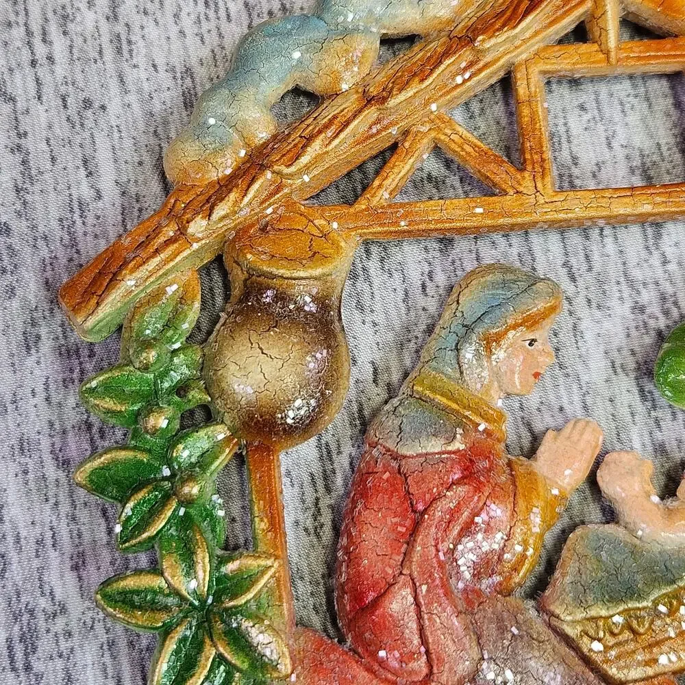 VTG 70s Christmas Tree Ornament Set of 2 Nativity Baby Jesus Mary Joseph Stable